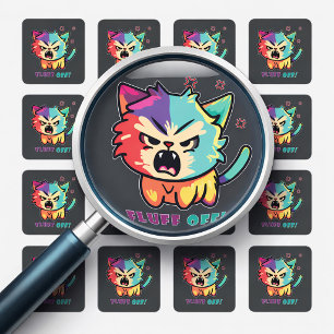 Cute angry cat hissing Fluff Off. Square Sticker
