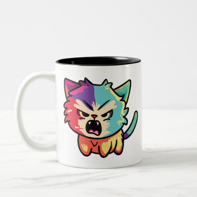 Cute angry cat hissing. Two-Tone coffee mug (Left)