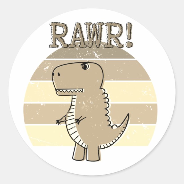Cute Angry Sepia Cartoon T-Rex Dinosaur Sunset Classic Round Sticker (Front)