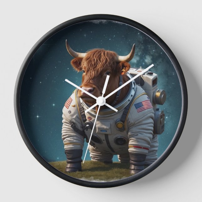 Cute Angus Bull in a Spacesuit Clock (Front)