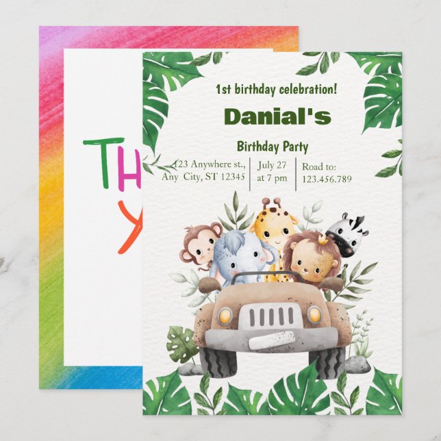 Cute Animal 1st birthday invitation (Front/Back)