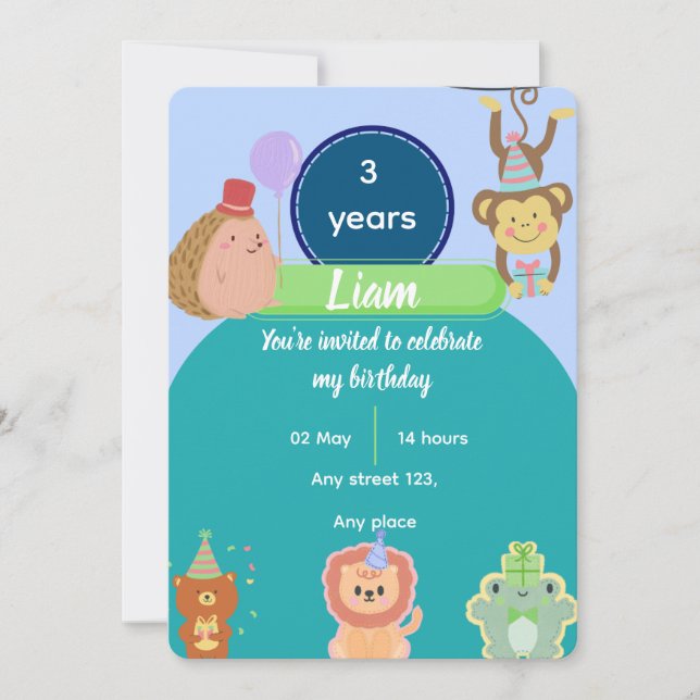 Cute Animal 3rd Birthday for Boys Editable Invitation (Front)