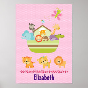 Cute Animal Ark on Pink Polka Dots Nursery Style Poster