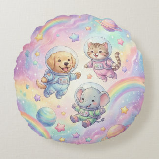 Cute Animal Astronauts Galaxy Round Throw Pillow