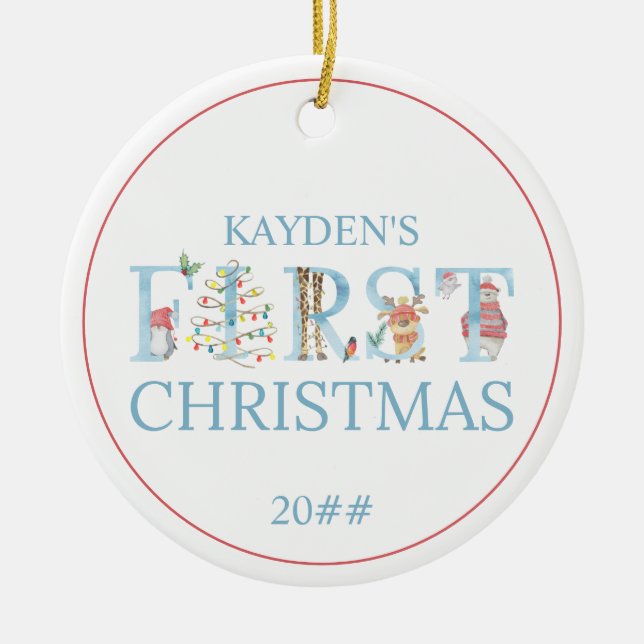 Cute Animal Baby's 1st Photo Christmas Ceramic Tree Decoration (Front)