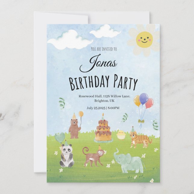 Cute Animal Birthday Party Invitation for Kids (Front)
