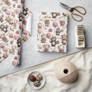 Cute Animal Birthday Pattern – Pink Beige Balloons Wrapping Paper