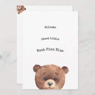 Cute Animal Brown Bear Sweet Baby Announcement