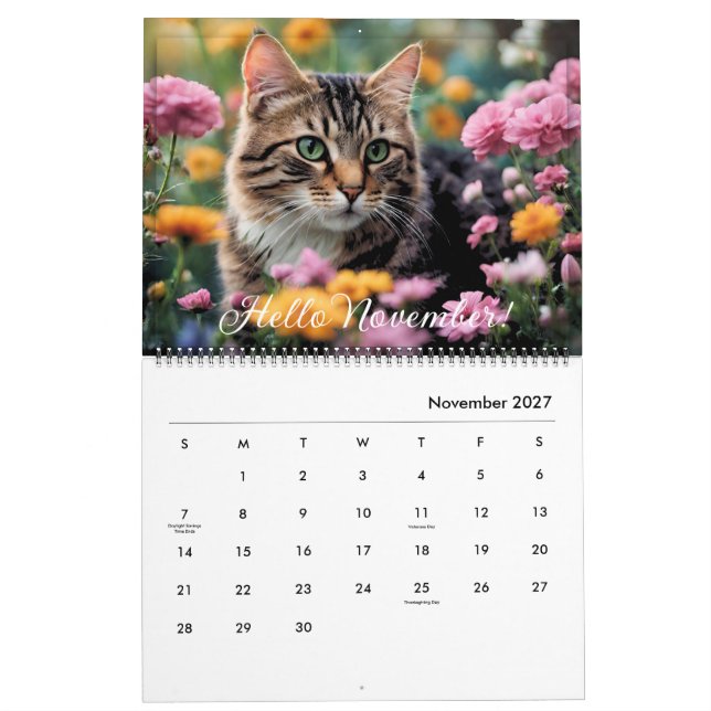 Cute Animal Cat Flower Daily Monthly Yearly 2024 Calendar (Nov 2027)