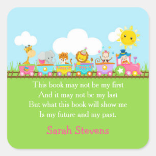 Cute Animal Circus Train in Pink Bookplate Sticker