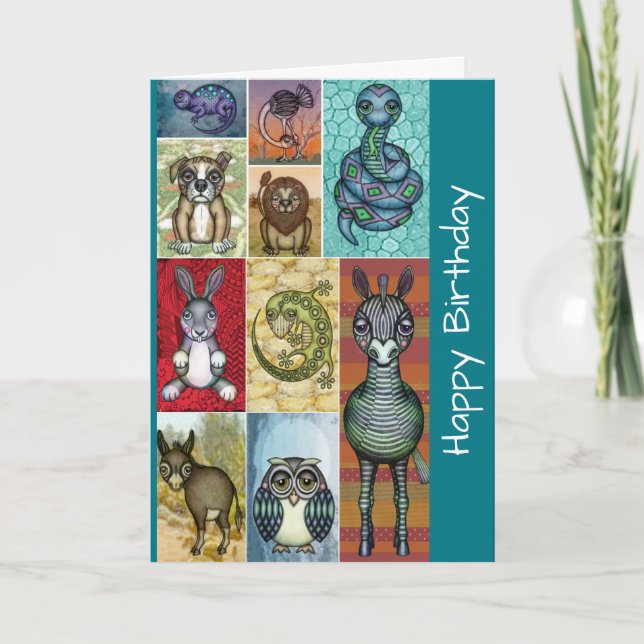 Cute Animal Collage Folk Art Design Birthday Card (Front)