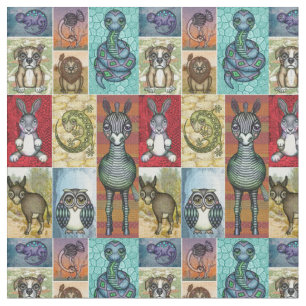 Cute Animal Collage Folk Art Design Fabric