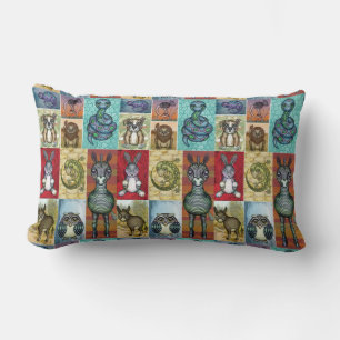 Cute Animal Collage Folk Art Design Lumbar Cushion