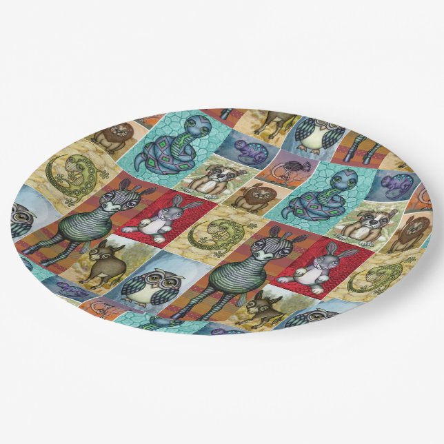 Cute Animal Collage Folk Art Design Paper Plate (Angled)