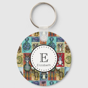 Cute Animal Collage Folk Art Design Personalised Key Ring