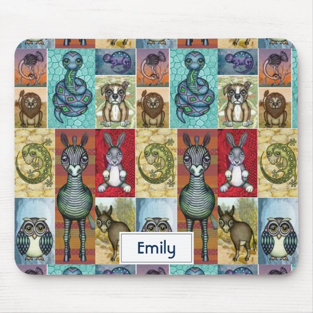 Cute Animal Collage Folk Art Design Personalised Mouse Mat (Front)
