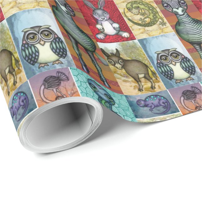 Cute Animal Collage Folk Art Design Wrapping Paper (Roll Corner)
