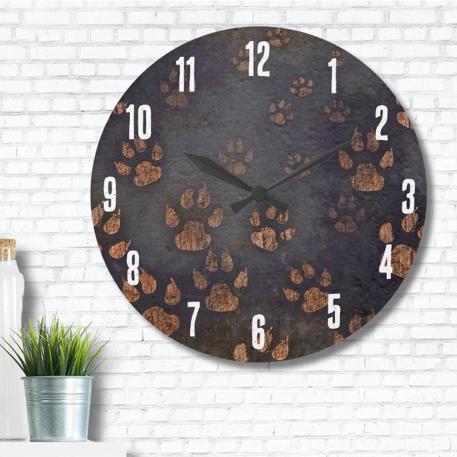 Cute Animal Dark Rustic Paw Print Pattern Large Clock (Cute Animal Dark Rustic Paw Print Pattern Large Clock)