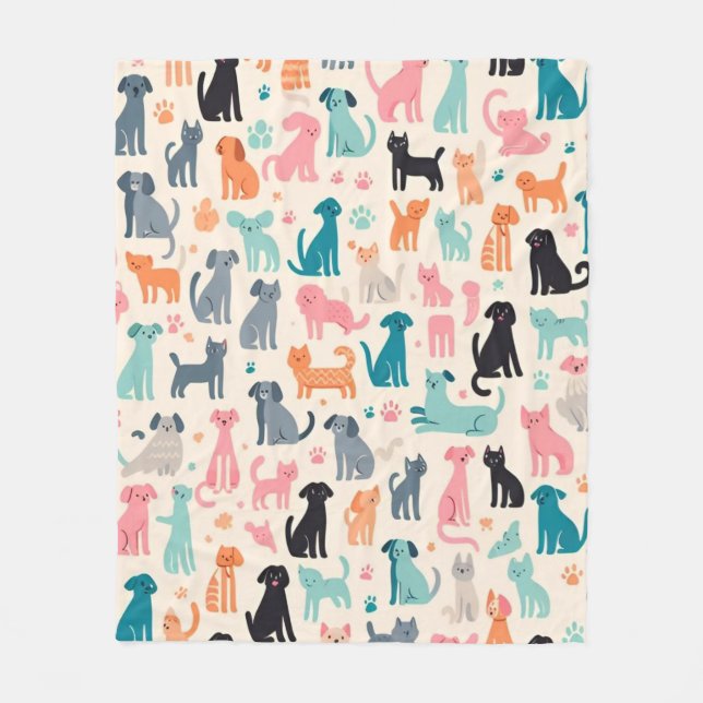 Cute Animal Designs Seamless Dog & Cat Pattern Fleece Blanket (Front)
