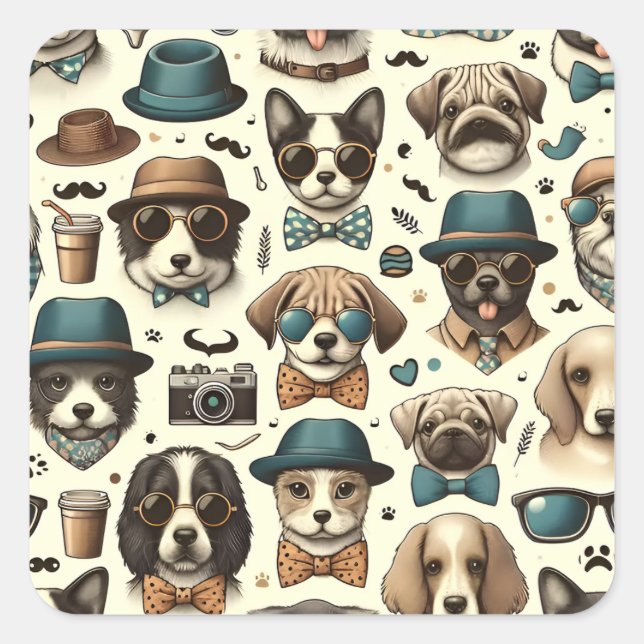 Cute Animal Designs Seamless Dog & Cat Pattern Square Sticker (Front)