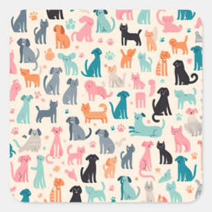 Cute Animal Designs Seamless Dog & Cat Pattern Square Sticker