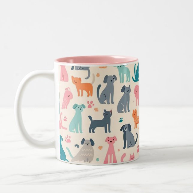 Cute Animal Designs Seamless Dog & Cat Pattern Two-Tone Coffee Mug (Left)