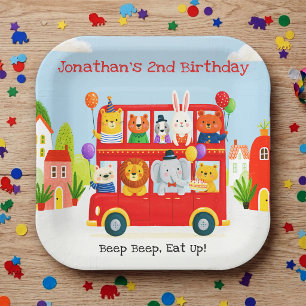 Cute Animal Double Decker Party Bus Birthday Paper Plate