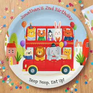 Cute Animal Double Decker Party Bus Birthday Paper Plate