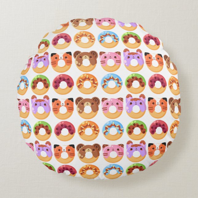 Cute Animal Doughnut Friends Polyester Round Cushion (Front)