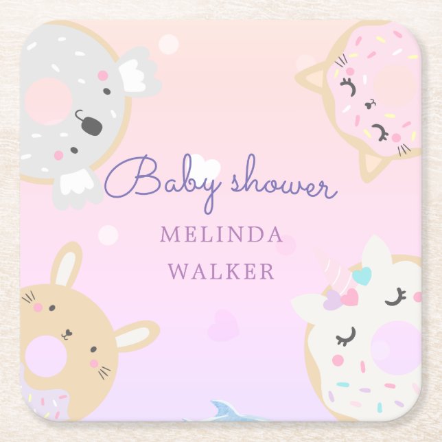 cute animal doughnuts monogram baby shower square paper coaster (Front)