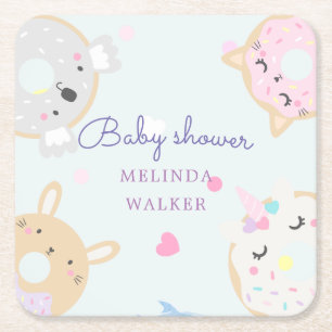 cute animal doughnuts monogram baby shower square paper coaster