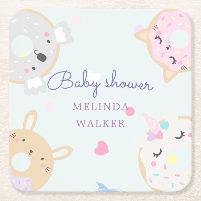 cute animal doughnuts monogram baby shower square paper coaster (Front)