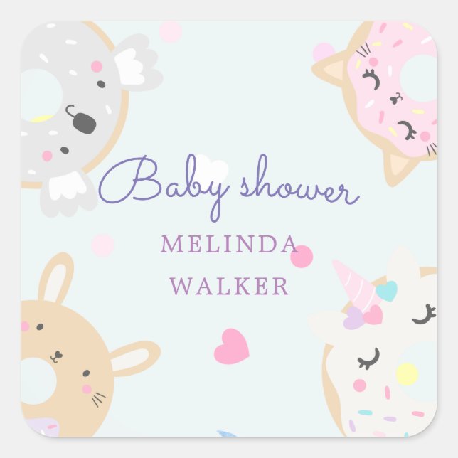 cute animal doughnuts monogram baby shower square sticker (Front)