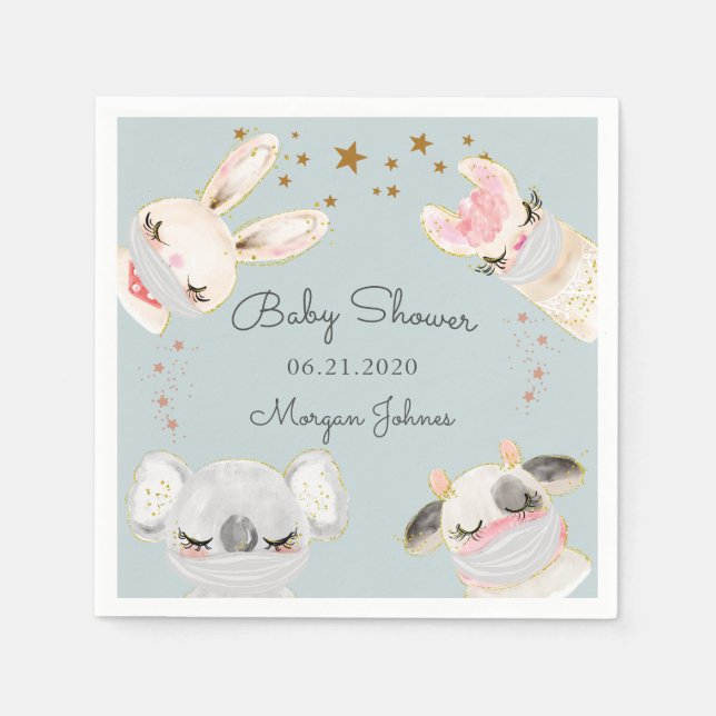 cute animal face masks baby shower monogram napkin (Front)