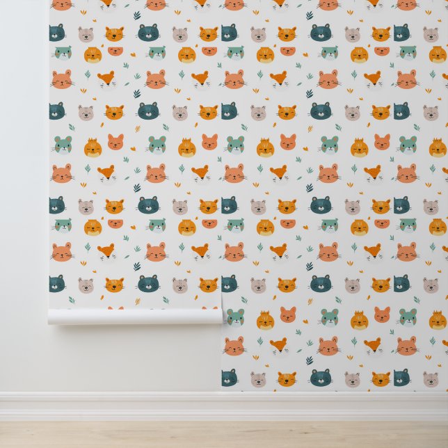 Cute Animal Faces Pattern with Leaves Wallpaper (Application)