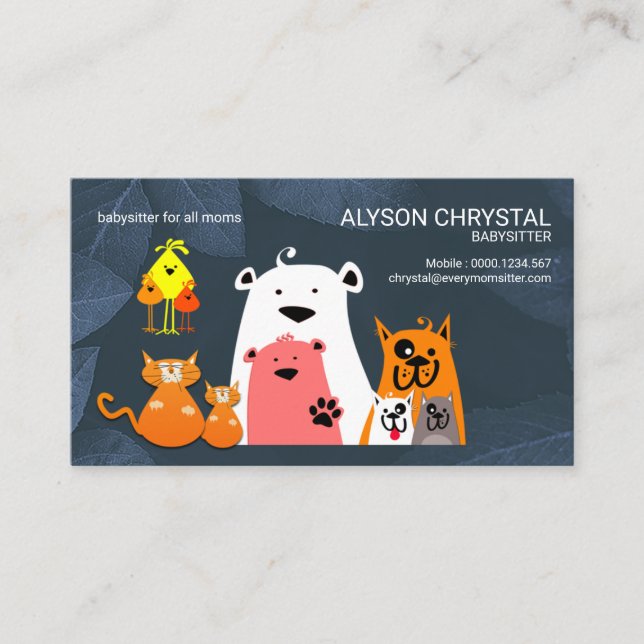Cute Animal Families Playing Blue Garden Sitter Business Card (Front)