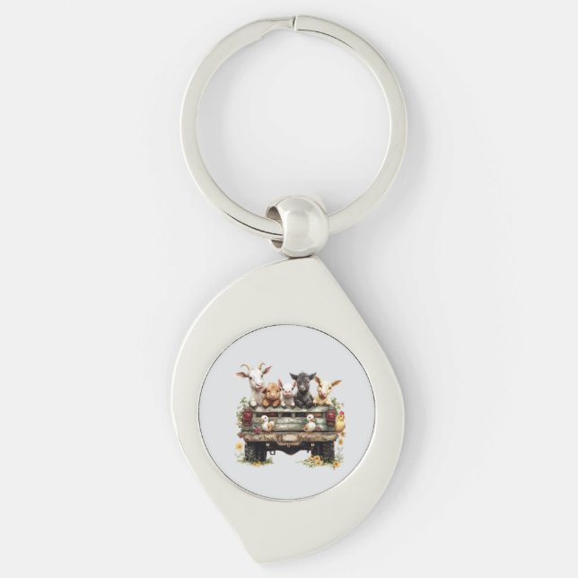 Cute Animal Farm On Metal Keychain (Front)