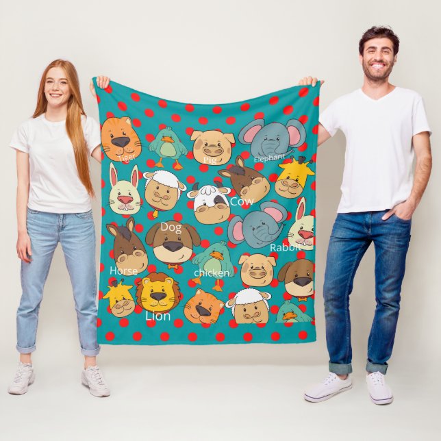 Cute animal farm red dots blue kids fleece blanket (In Situ)