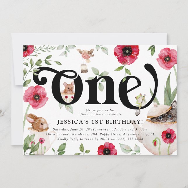 Cute Animal & Floral 'ONE' Tea Party 1st Birthday Invitation (Front)