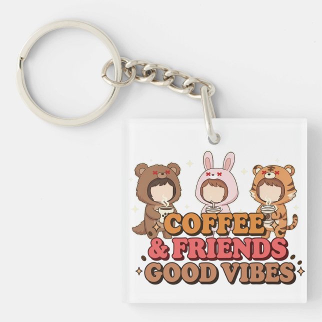 Cute Animal Friends Coffee Lovers Key Ring (Front)