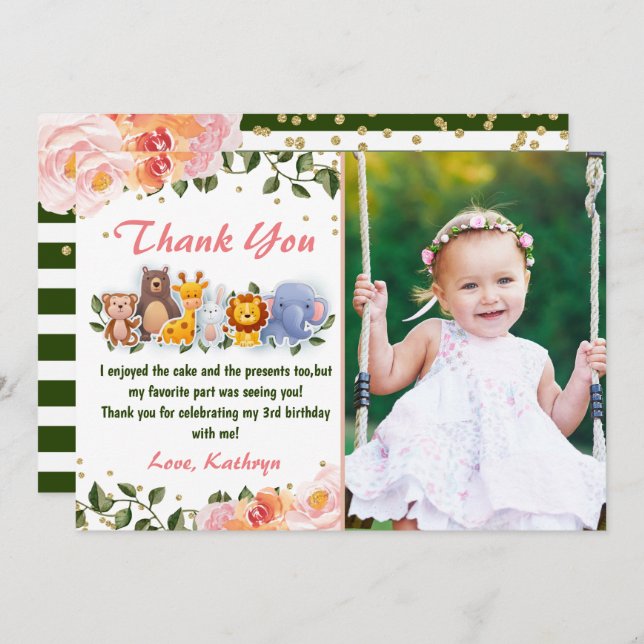 Cute Animal Friends Pink Floral Birthday Photo Thank You Card (Front/Back)