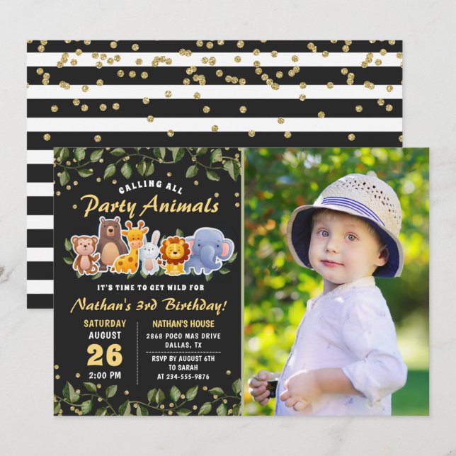 Cute Animal Friends Zoo Party Birthday Photo Invitation (Front/Back)