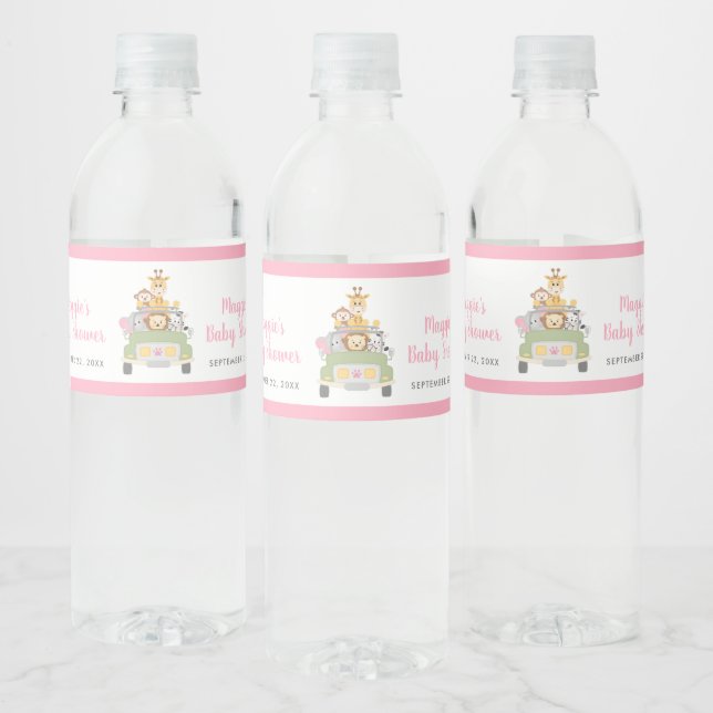 Cute Animal Jungle Safari Pink Baby Girl Shower Water Bottle Label (Bottles)