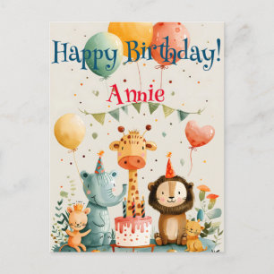 Cute animal kids design with birthday elements postcard