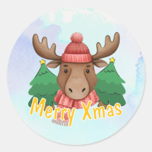 Cute Animal Moose Blue Watercolor Merry Xmas Classic Round Sticker