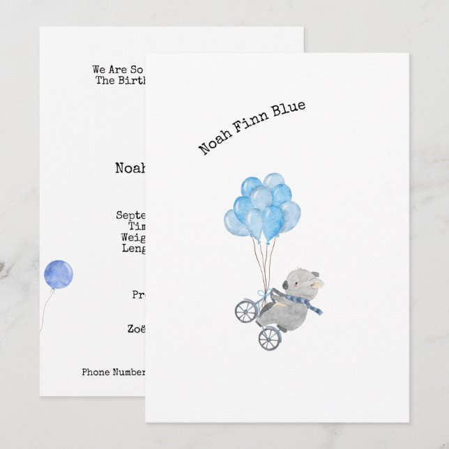 Cute Animal on A Bike With Blue Balloons Invitation (Front/Back)