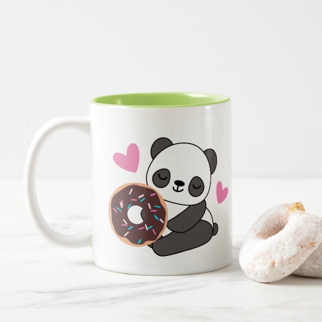 Cute Animal Panda Bear Pink Heart Doughnut   Two-Tone Coffee Mug (With Donut)