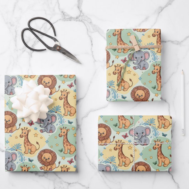 Cute animal pattern featuring lions, giraffes wrapping paper sheet (Creator Uploaded)