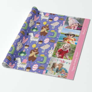 Cute Animal Pattern Happy Birthday Text + Photo Wrapping Paper