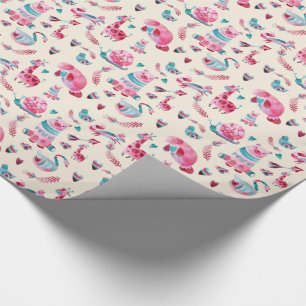 Cute  Animal Pattern in Pink & Green Watercolor Wrapping Paper
